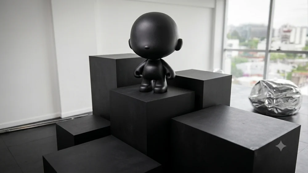 Figuras corpóreas sobre pedestales en showroom