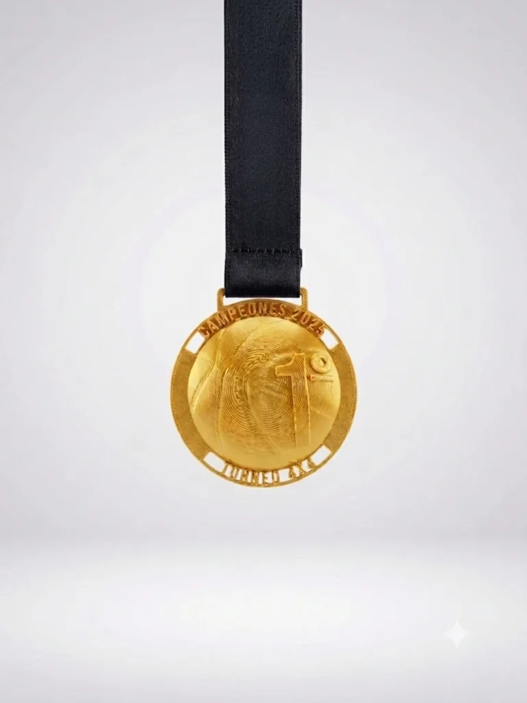 Medalla dorada circular con relieve y cinta negra
