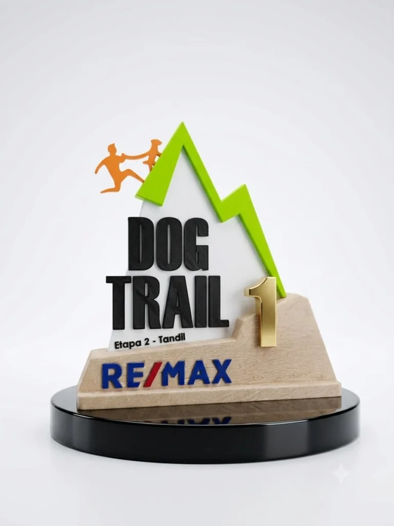 Trofeo Dog Trail RE/MAX con figuras y montaña en relieve