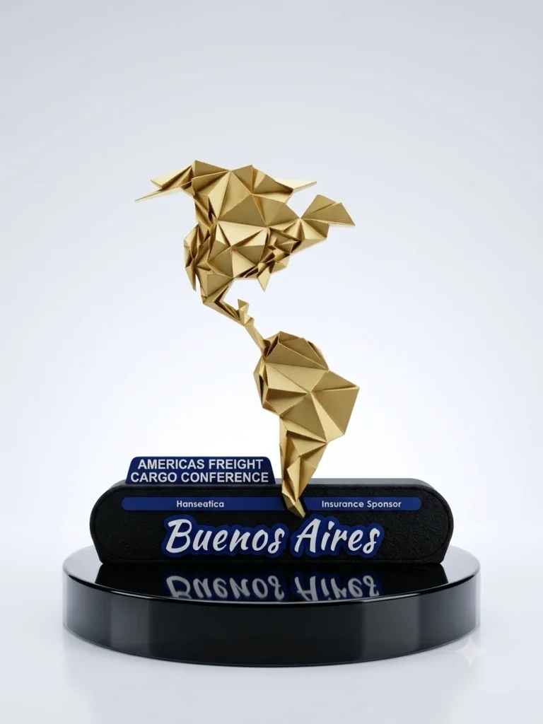 Trofeo con mapa de América dorado facetado, conferencia de carga