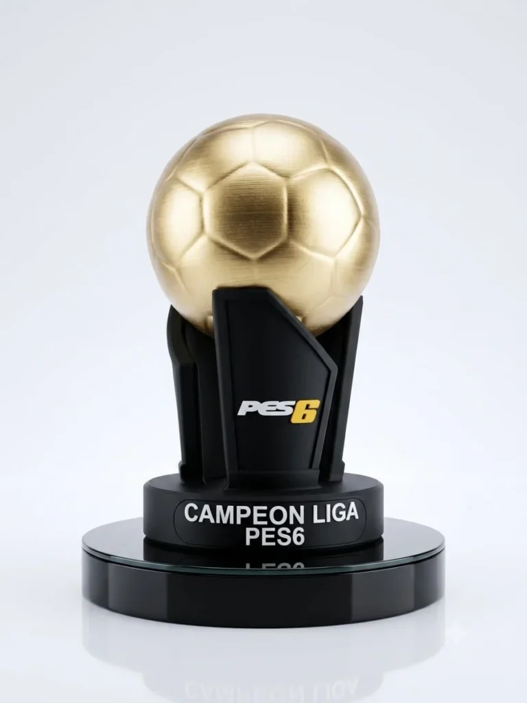 Trofeo de pelota de fútbol dorada sobre base negra, campeón de liga